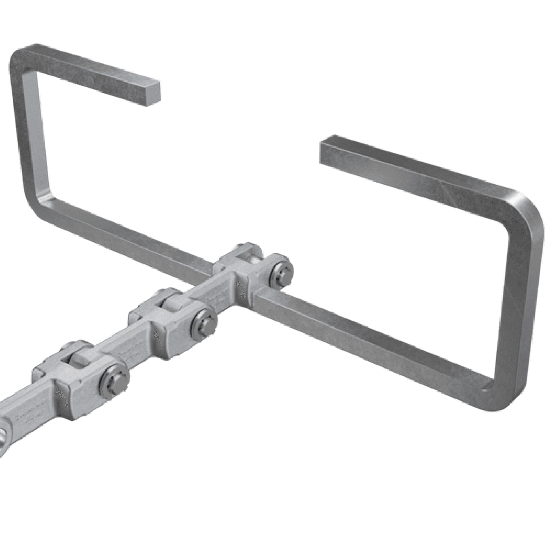 Einstrang Gabellaschenkette mit O-Glied aus gebogenem Vierkantstahl zur Förderung von großvolumigen Materialien wie Holzschnitzeln und Kunststoffen