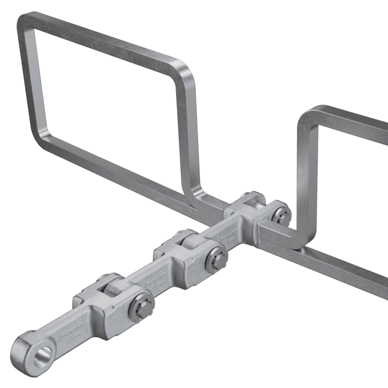Einstrang Gabellaschenkette mit gebogenem Vierkantstahl OO-Glied für horizontale, schräge und vertikale Förderung von Spänen, Hackschnitzeln, Pallets und Baustoffen